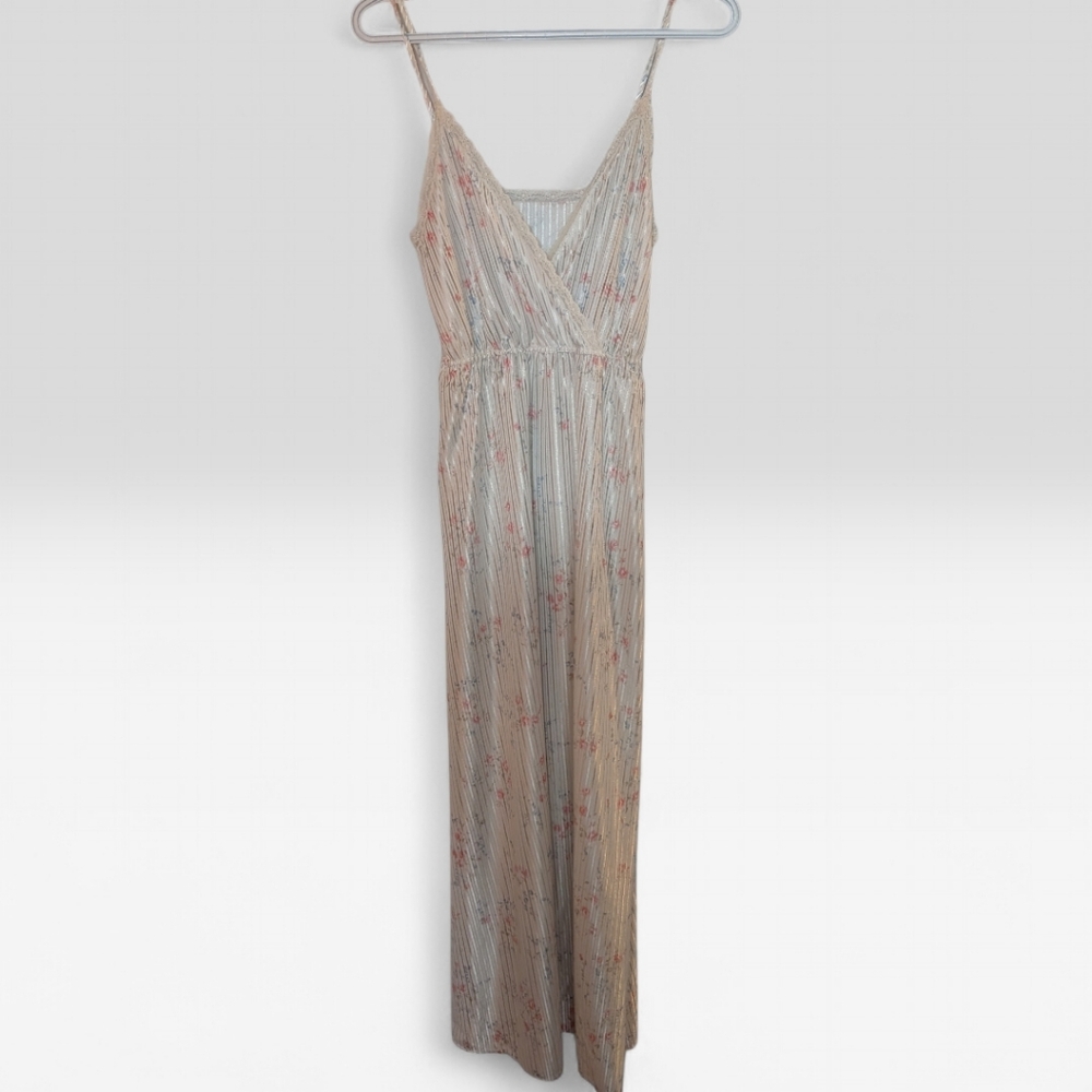 Vintage 1970s Floral Lurex Maxi Dress | Union Made Canada | Lace Trim